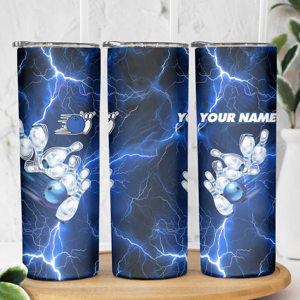 Blue Lightning Bowling Hoodie Skinny Tumbler with Striking Ball and Pins Graphic and Custom Name Design - Wonder Print Shop