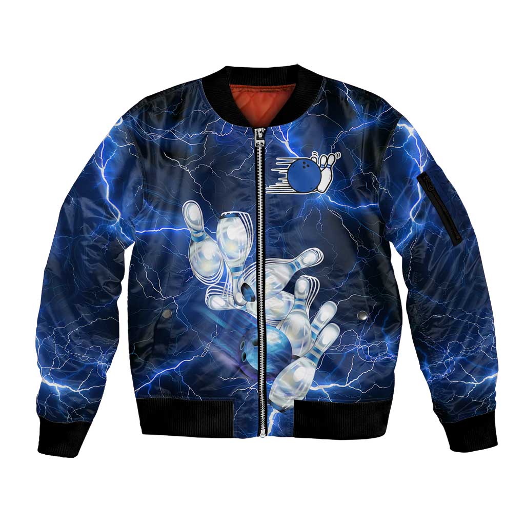 Blue Lightning Bowling Hoodie Sleeve Zip Bomber Jacket with Striking Ball and Pins Graphic and Custom Name Design - Wonder Print Shop