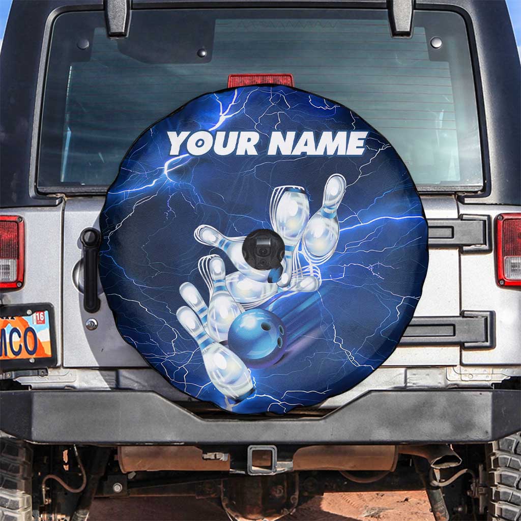 Blue Lightning Bowling Hoodie Spare Tire Cover with Striking Ball and Pins Graphic and Custom Name Design - Wonder Print Shop