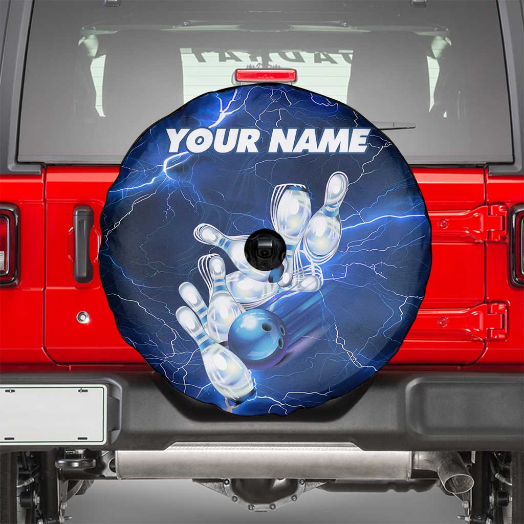 Blue Lightning Bowling Hoodie Spare Tire Cover with Striking Ball and Pins Graphic and Custom Name Design - Wonder Print Shop