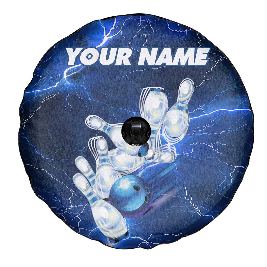 Blue Lightning Bowling Hoodie Spare Tire Cover with Striking Ball and Pins Graphic and Custom Name Design - Wonder Print Shop