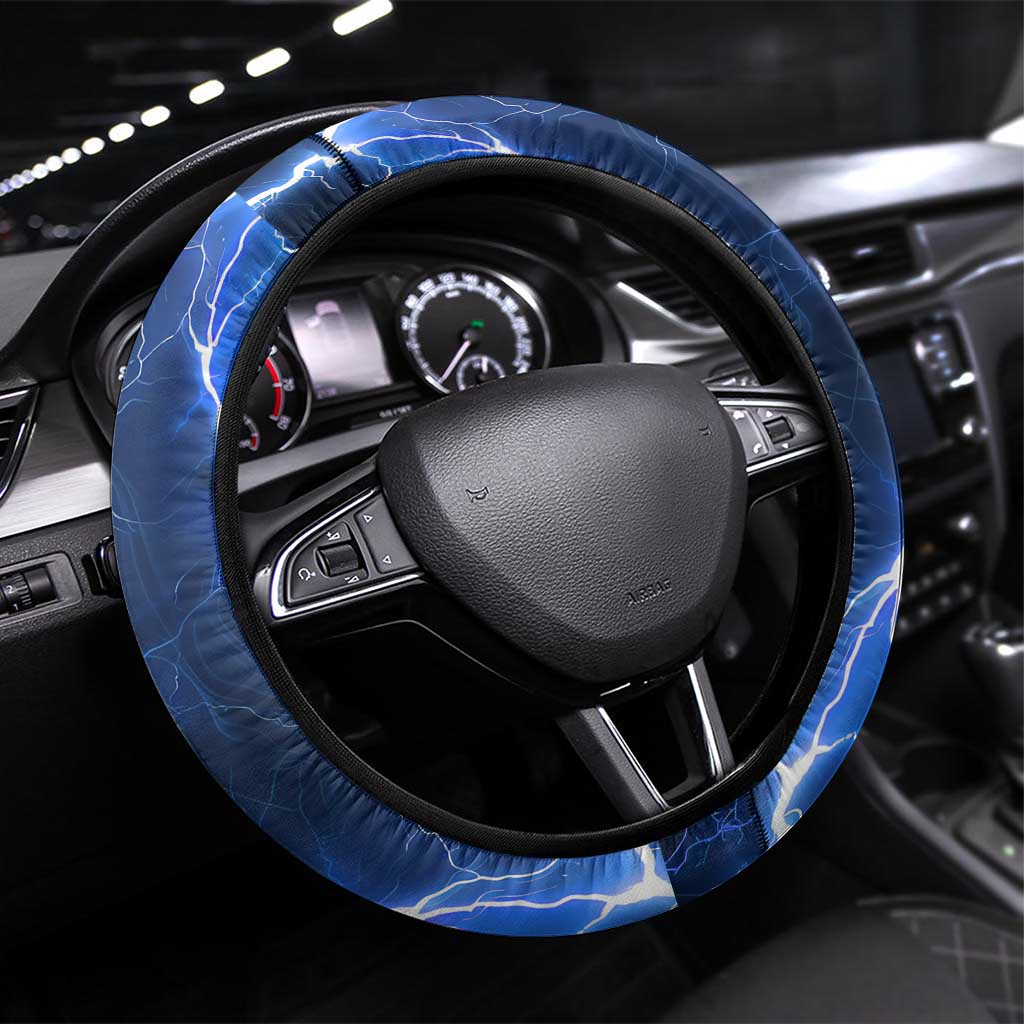 Blue Lightning Bowling Hoodie Steering Wheel Cover with Striking Ball and Pins Graphic and Name Design - Wonder Print Shop