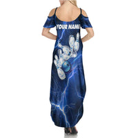 Blue Lightning Bowling Hoodie Summer Maxi Dress with Striking Ball and Pins Graphic and Custom Name Design - Wonder Print Shop
