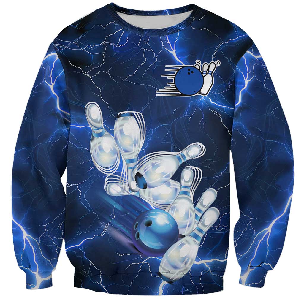 Blue Lightning Bowling Hoodie Sweatshirt with Striking Ball and Pins Graphic and Custom Name Design - Wonder Print Shop