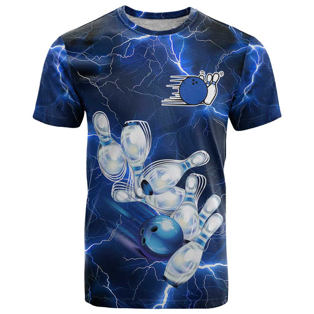 Blue Lightning Bowling Hoodie T Shirt with Striking Ball and Pins Graphic and Custom Name Design - Wonder Print Shop