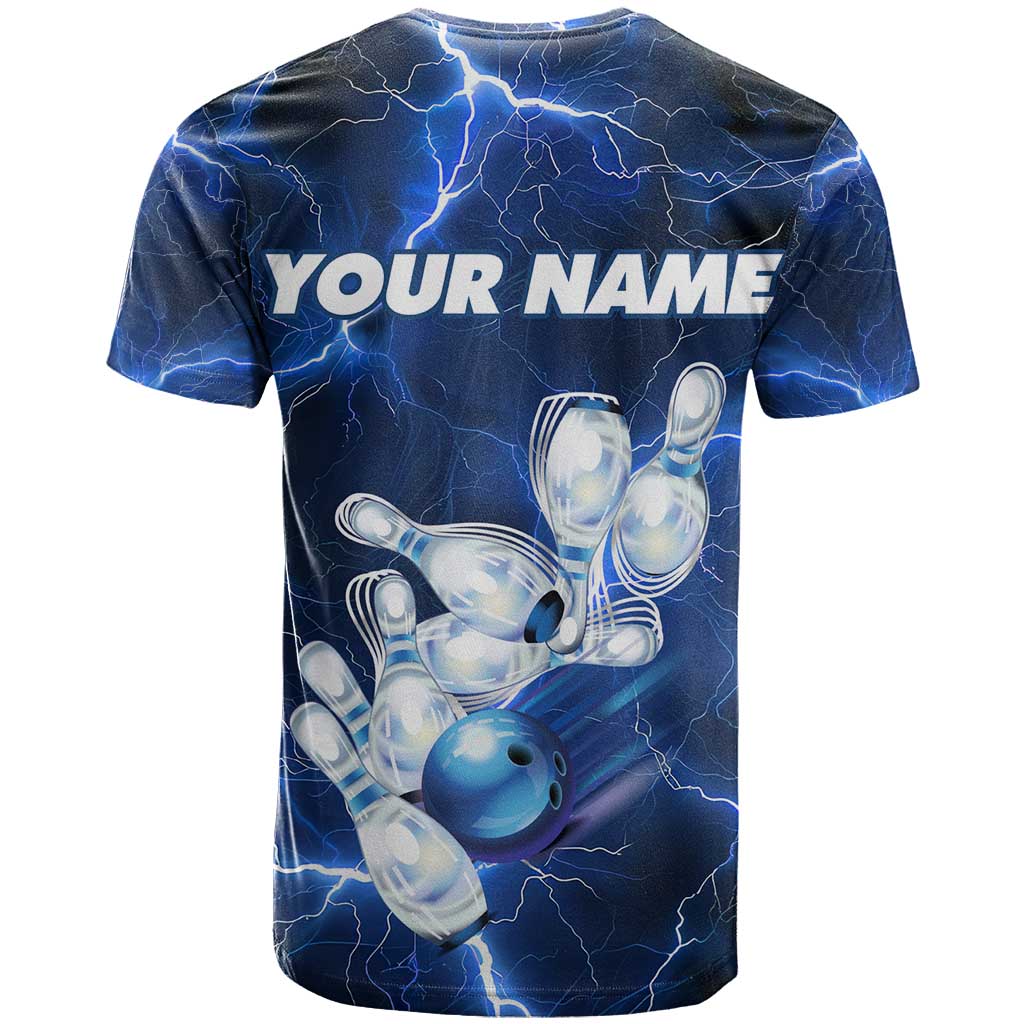 Blue Lightning Bowling Hoodie T Shirt with Striking Ball and Pins Graphic and Custom Name Design - Wonder Print Shop
