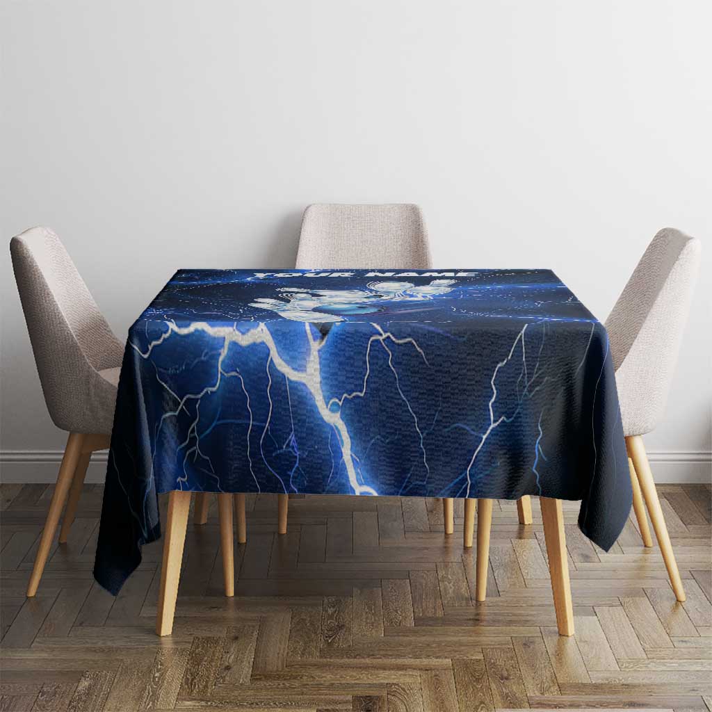 Blue Lightning Bowling Hoodie Tablecloth with Striking Ball and Pins Graphic and Custom Name Design - Wonder Print Shop