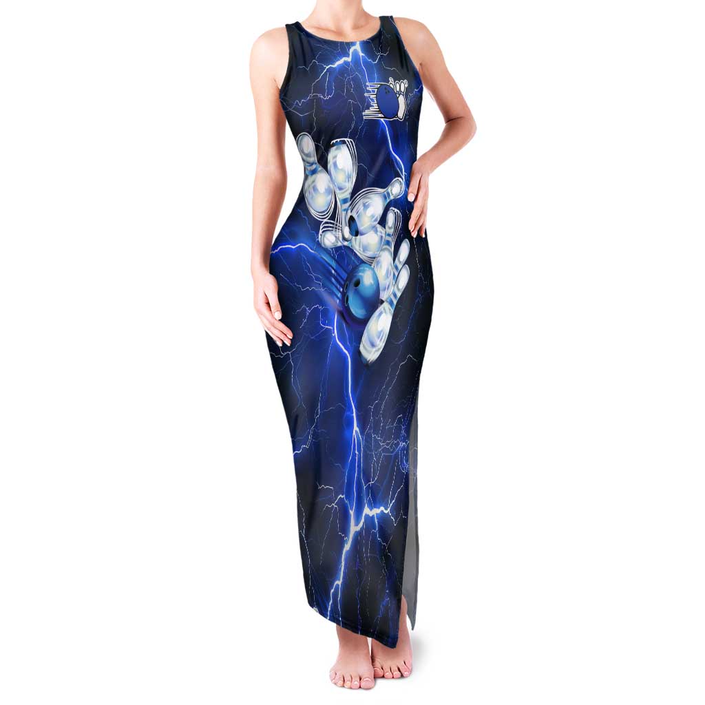 Blue Lightning Bowling Hoodie Tank Maxi Dress with Striking Ball and Pins Graphic and Custom Name Design - Wonder Print Shop