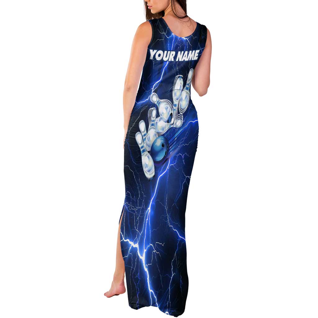Blue Lightning Bowling Hoodie Tank Maxi Dress with Striking Ball and Pins Graphic and Custom Name Design - Wonder Print Shop
