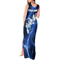 Blue Lightning Bowling Hoodie Tank Maxi Dress with Striking Ball and Pins Graphic and Custom Name Design - Wonder Print Shop