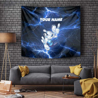 Blue Lightning Bowling Hoodie Tapestry with Striking Ball and Pins Graphic and Custom Name Design - Wonder Print Shop