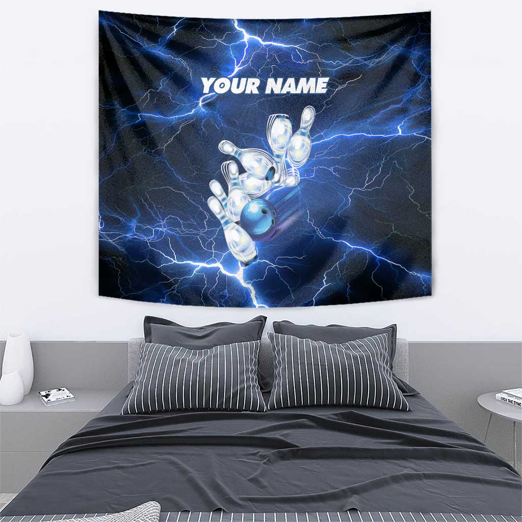 Blue Lightning Bowling Hoodie Tapestry with Striking Ball and Pins Graphic and Custom Name Design - Wonder Print Shop