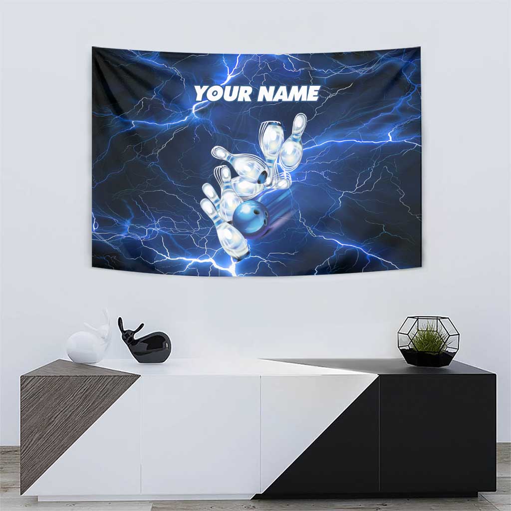 Blue Lightning Bowling Hoodie Tapestry with Striking Ball and Pins Graphic and Custom Name Design - Wonder Print Shop