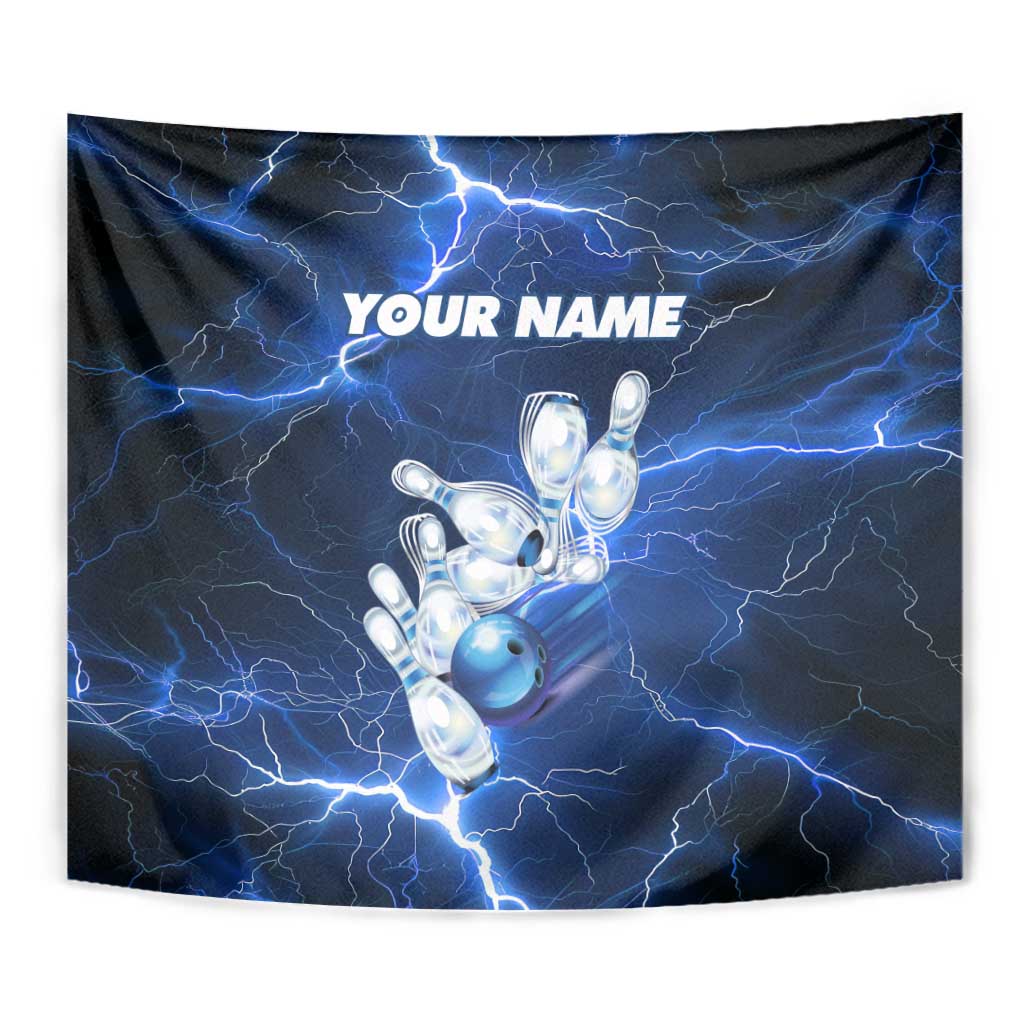 Blue Lightning Bowling Hoodie Tapestry with Striking Ball and Pins Graphic and Custom Name Design - Wonder Print Shop