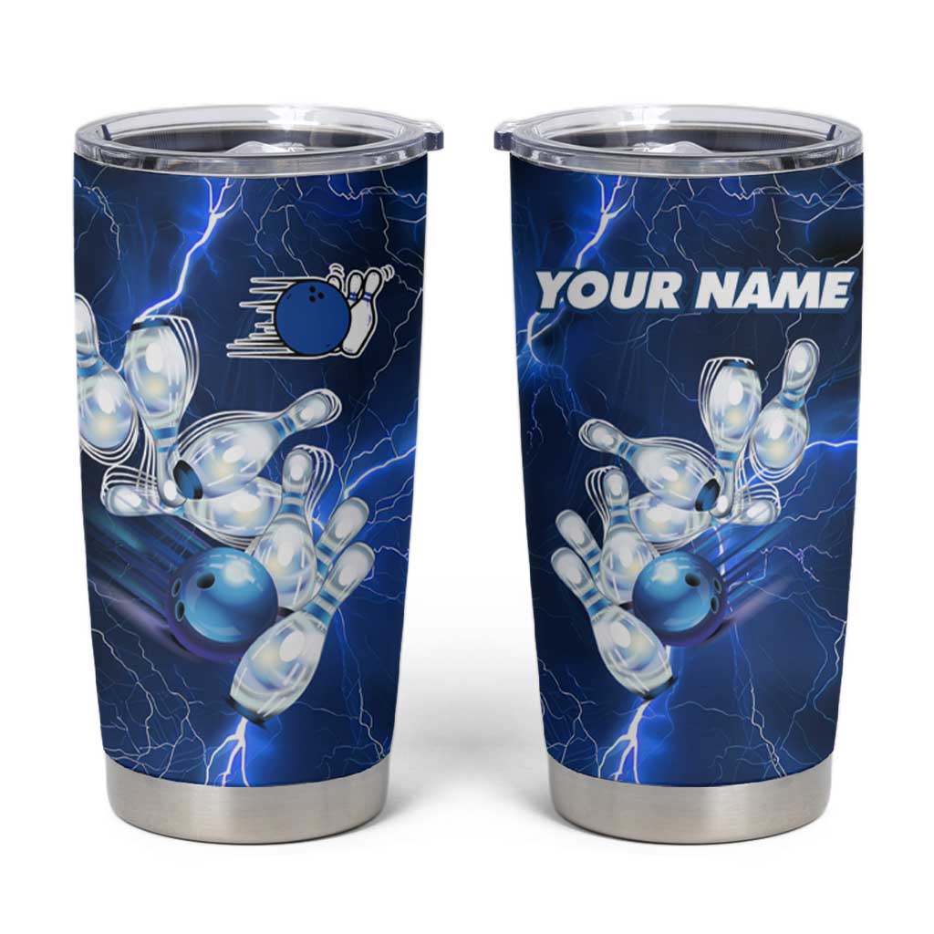 Blue Lightning Bowling Hoodie Tumbler Cup with Striking Ball and Pins Graphic and Custom Name Design - Wonder Print Shop