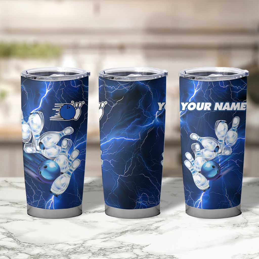 Blue Lightning Bowling Hoodie Tumbler Cup with Striking Ball and Pins Graphic and Custom Name Design - Wonder Print Shop