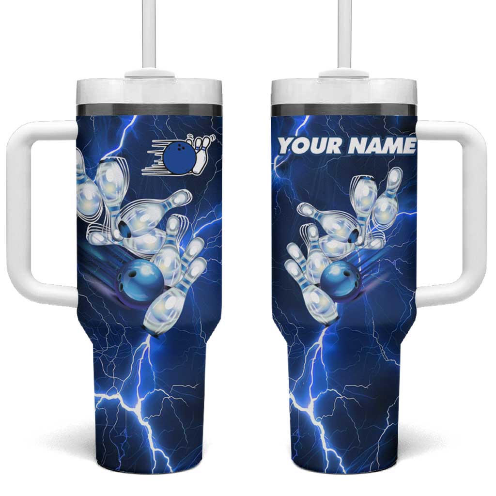 Blue Lightning Bowling Hoodie Tumbler With Handle with Striking Ball and Pins Graphic and Custom Name Design - Wonder Print Shop