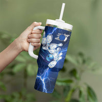 Blue Lightning Bowling Hoodie Tumbler With Handle with Striking Ball and Pins Graphic and Custom Name Design - Wonder Print Shop