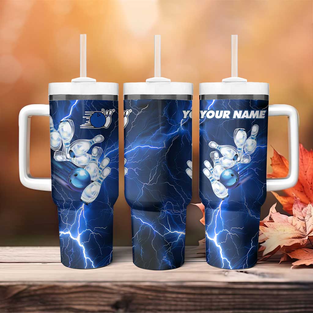 Blue Lightning Bowling Hoodie Tumbler With Handle with Striking Ball and Pins Graphic and Custom Name Design - Wonder Print Shop