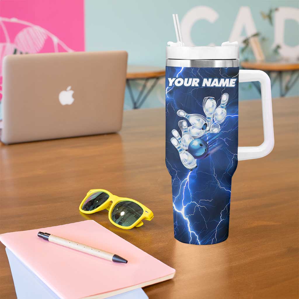 Blue Lightning Bowling Hoodie Tumbler With Handle with Striking Ball and Pins Graphic and Custom Name Design - Wonder Print Shop