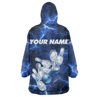 Blue Lightning Bowling Hoodie Wearable Blanket Hoodie with Striking Ball and Pins Graphic and Custom Name Design - Wonder Print Shop