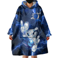 Blue Lightning Bowling Hoodie Wearable Blanket Hoodie with Striking Ball and Pins Graphic and Custom Name Design - Wonder Print Shop