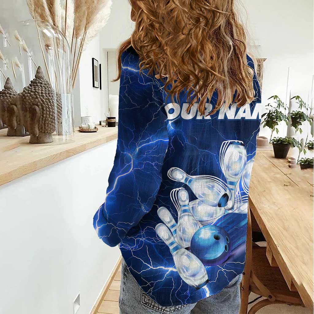 Blue Lightning Bowling Hoodie Women Casual Shirt with Striking Ball and Pins Graphic and Custom Name Design - Wonder Print Shop