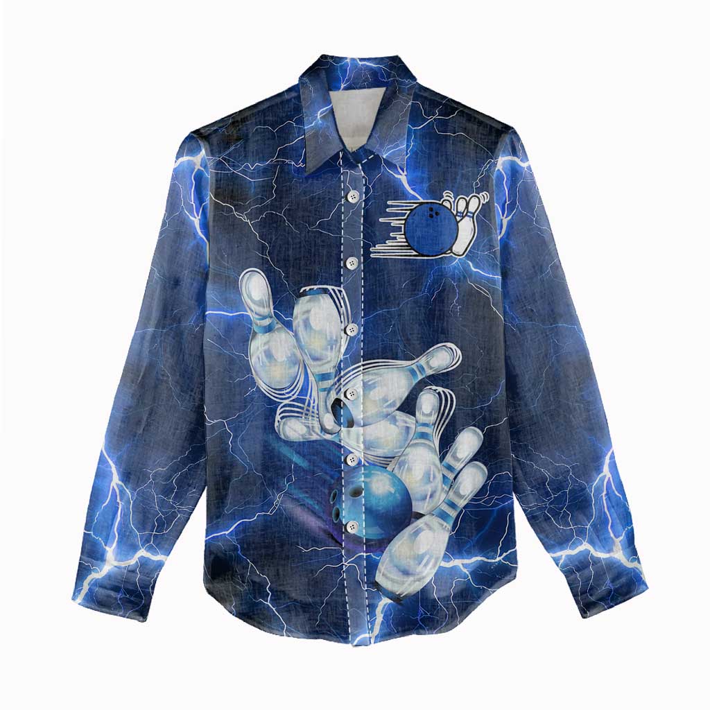 Blue Lightning Bowling Hoodie Women Casual Shirt with Striking Ball and Pins Graphic and Custom Name Design - Wonder Print Shop