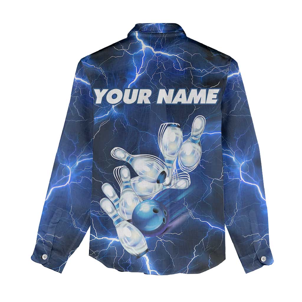 Blue Lightning Bowling Hoodie Women Casual Shirt with Striking Ball and Pins Graphic and Custom Name Design - Wonder Print Shop