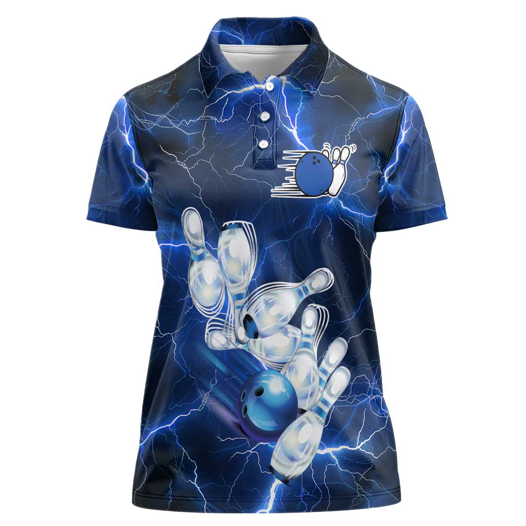 Blue Lightning Bowling Hoodie Women Polo Shirt with Striking Ball and Pins Graphic and Custom Name Design - Wonder Print Shop