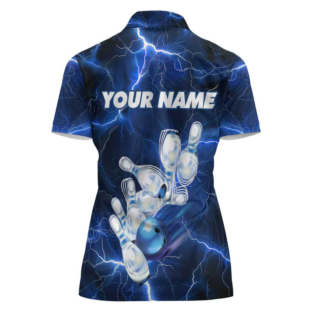 Blue Lightning Bowling Hoodie Women Polo Shirt with Striking Ball and Pins Graphic and Custom Name Design - Wonder Print Shop