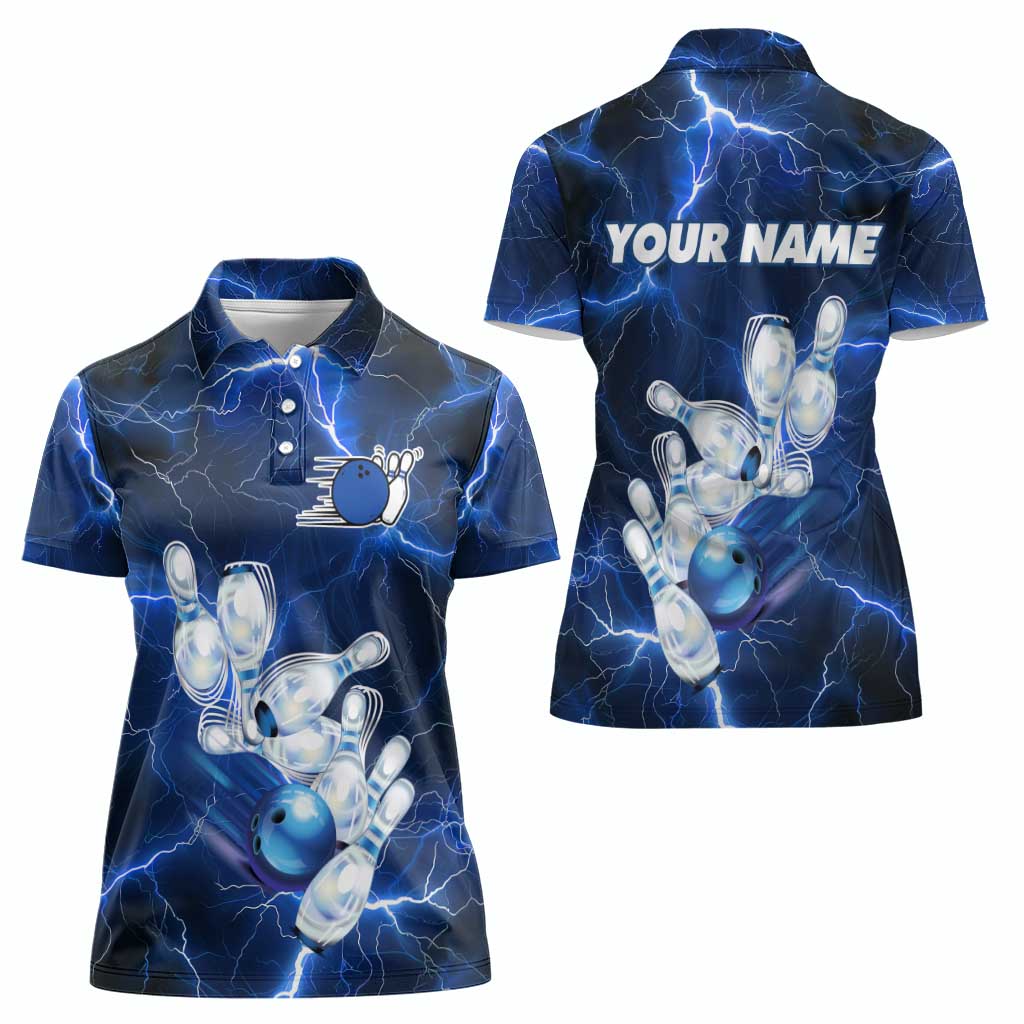 Blue Lightning Bowling Hoodie Women Polo Shirt with Striking Ball and Pins Graphic and Custom Name Design - Wonder Print Shop