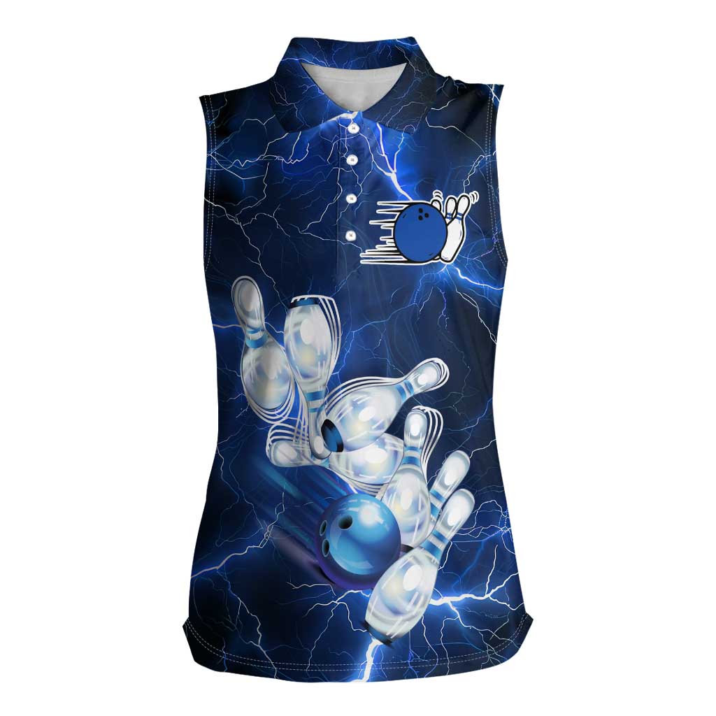 Blue Lightning Bowling Hoodie Women Sleeveless Polo Shirt with Striking Ball and Pins Graphic and Custom Name Design - Wonder Print Shop