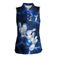 Blue Lightning Bowling Hoodie Women Sleeveless Polo Shirt with Striking Ball and Pins Graphic and Custom Name Design - Wonder Print Shop