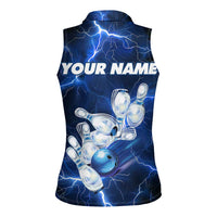 Blue Lightning Bowling Hoodie Women Sleeveless Polo Shirt with Striking Ball and Pins Graphic and Custom Name Design - Wonder Print Shop