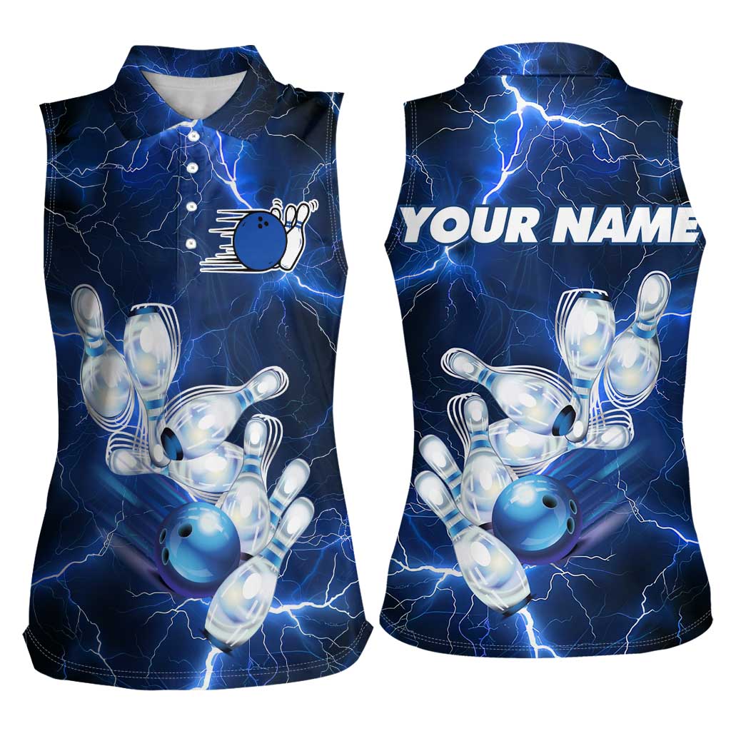 Blue Lightning Bowling Hoodie Women Sleeveless Polo Shirt with Striking Ball and Pins Graphic and Custom Name Design - Wonder Print Shop