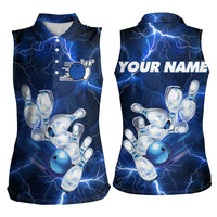 Blue Lightning Bowling Hoodie Women Sleeveless Polo Shirt with Striking Ball and Pins Graphic and Custom Name Design - Wonder Print Shop