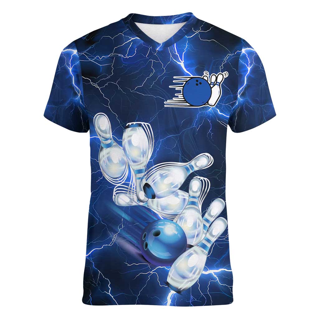 Blue Lightning Bowling Hoodie Women V-Neck T-Shirt with Striking Ball and Pins Graphic and Custom Name Design - Wonder Print Shop