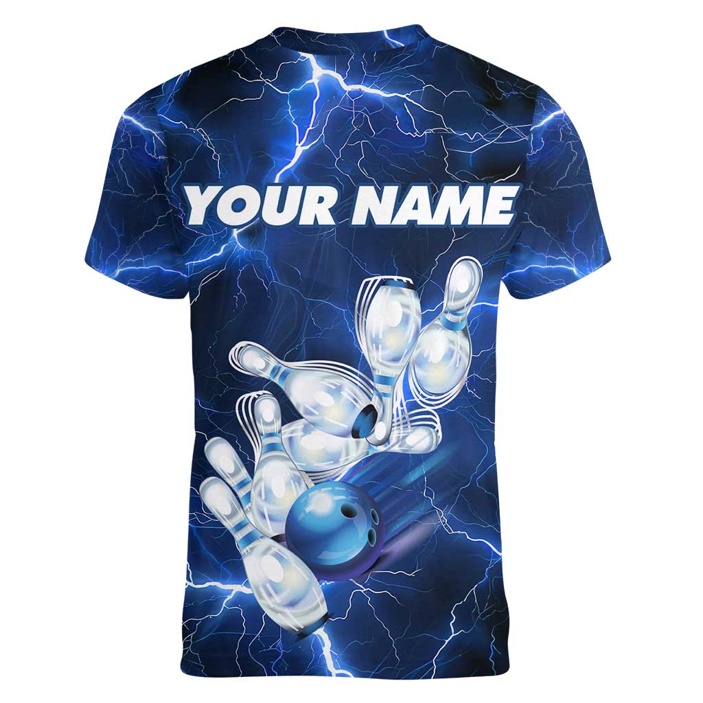Blue Lightning Bowling Hoodie Women V-Neck T-Shirt with Striking Ball and Pins Graphic and Custom Name Design - Wonder Print Shop