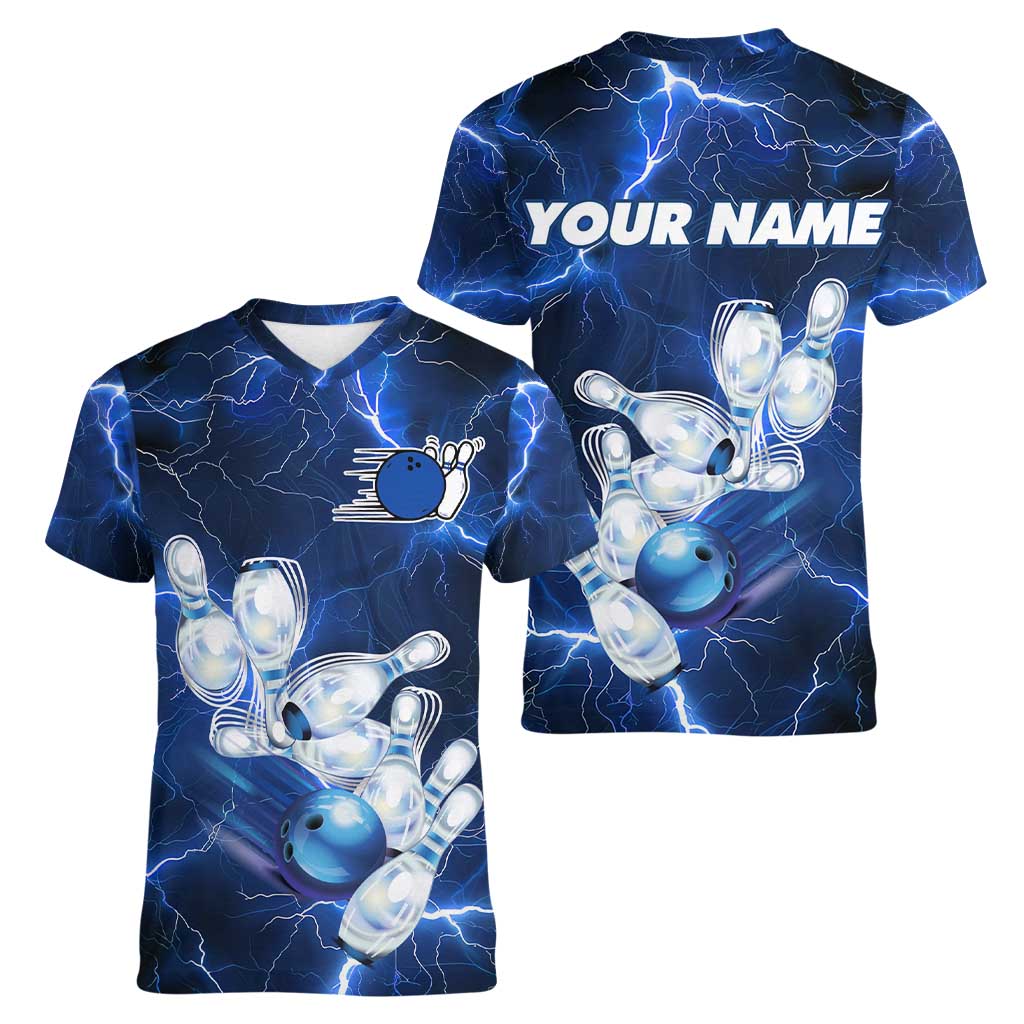Blue Lightning Bowling Hoodie Women V-Neck T-Shirt with Striking Ball and Pins Graphic and Custom Name Design - Wonder Print Shop