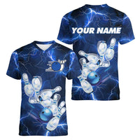 Blue Lightning Bowling Hoodie Women V-Neck T-Shirt with Striking Ball and Pins Graphic and Custom Name Design - Wonder Print Shop