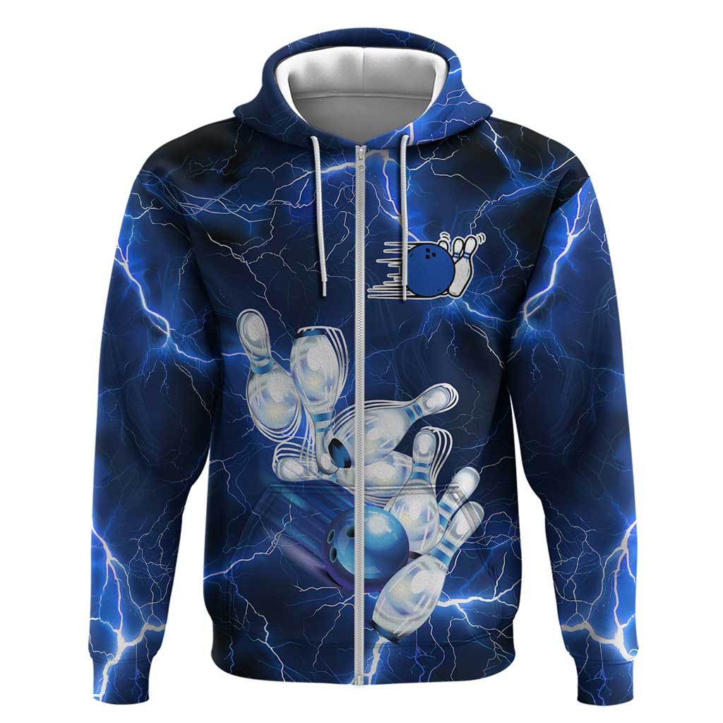 Blue Lightning Bowling Hoodie Zip Hoodie with Striking Ball and Pins Graphic and Custom Name Design - Wonder Print Shop