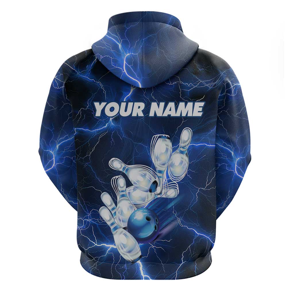 Blue Lightning Bowling Hoodie Zip Hoodie with Striking Ball and Pins Graphic and Custom Name Design - Wonder Print Shop