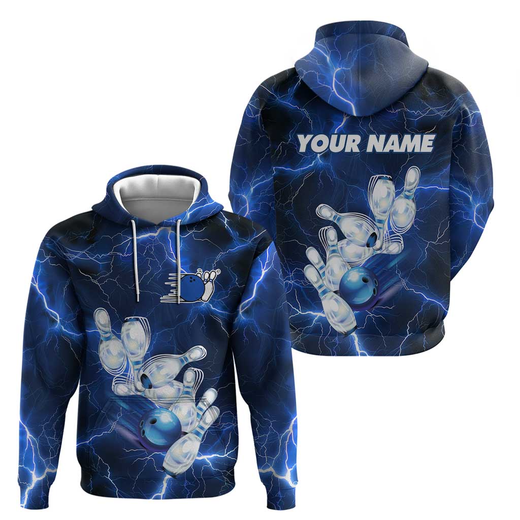 Blue Lightning Bowling Hoodie Zip Hoodie with Striking Ball and Pins Graphic and Custom Name Design - Wonder Print Shop