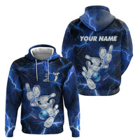 Blue Lightning Bowling Hoodie Zip Hoodie with Striking Ball and Pins Graphic and Custom Name Design - Wonder Print Shop