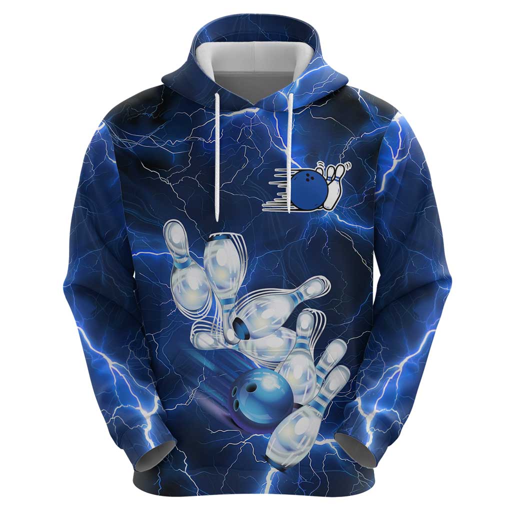 Blue Lightning Bowling Hoodie Zip Hoodie with Striking Ball and Pins Graphic and Custom Name Design - Wonder Print Shop