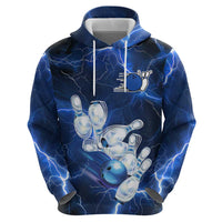 Blue Lightning Bowling Hoodie Zip Hoodie with Striking Ball and Pins Graphic and Custom Name Design - Wonder Print Shop