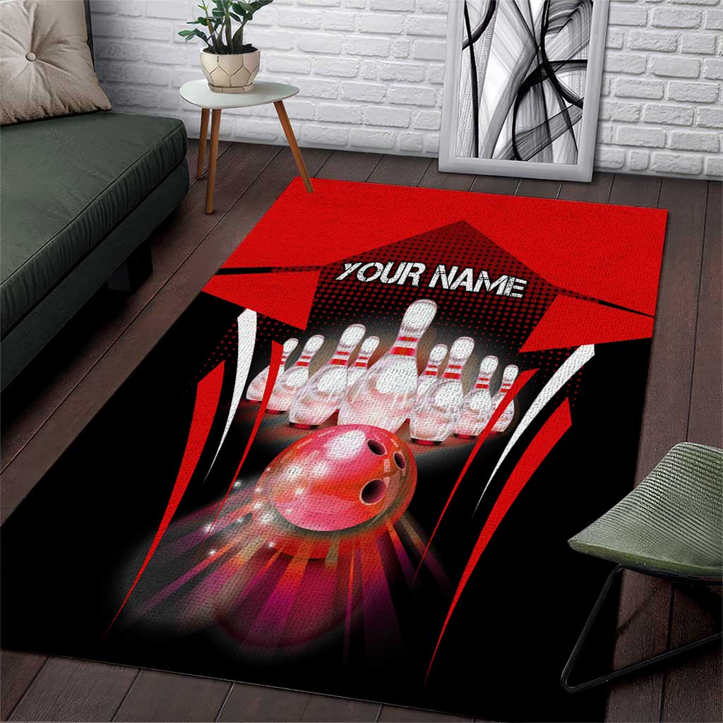 Red Bowling Strike Graphic Area Rug with Pins and Ball and Custom Name Design - Wonder Print Shop