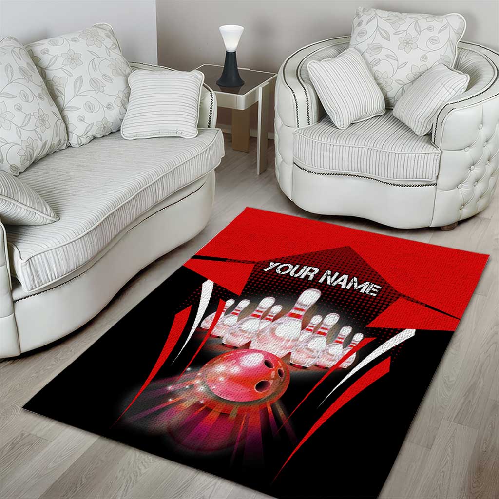 Red Bowling Strike Graphic Area Rug with Pins and Ball and Custom Name Design - Wonder Print Shop