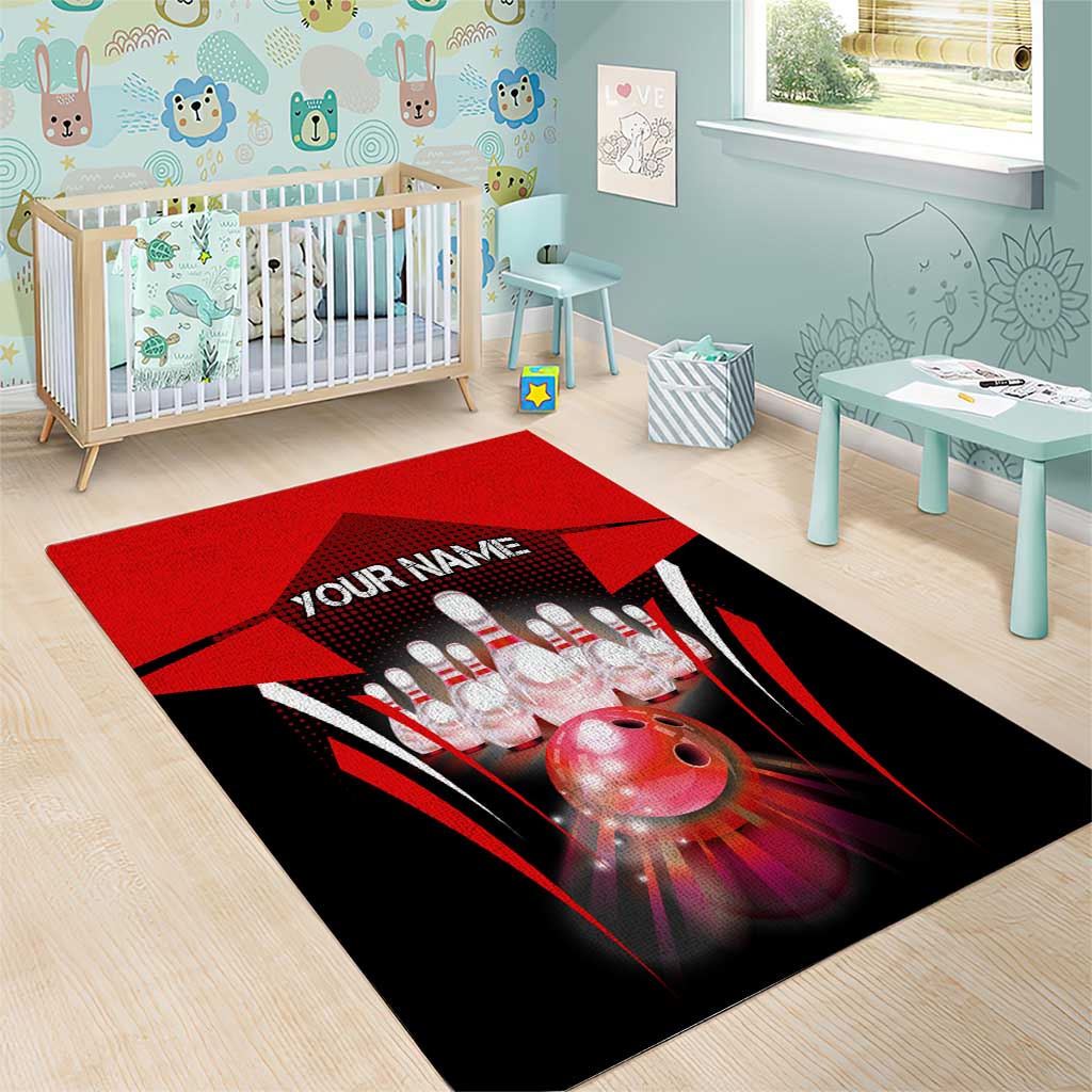 Red Bowling Strike Graphic Area Rug with Pins and Ball and Custom Name Design - Wonder Print Shop
